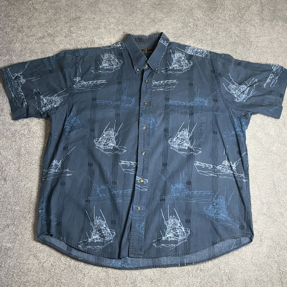 Cafe Luna Men Hawaiian Shirt Xl SS Button Down Fishing‎ Boat Nautical VNT